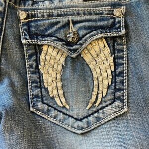 Miss Me Boot Cut distressed Denim Jeans angel wings embellished pockets sz 27